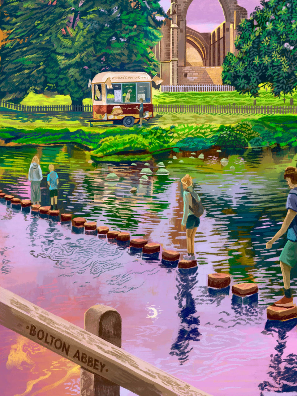 Artistic depiction of people by a lake with Bolton Abbey in the background