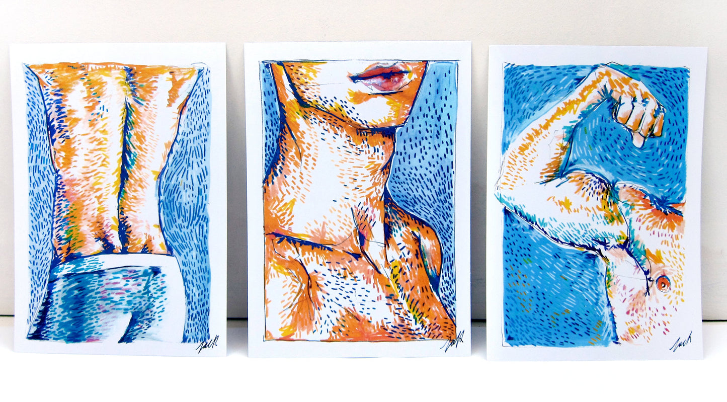 The Male Form - Set of 3 x A4/A3 Prints, Gay, Artwork, Illustration, Muscles, Male Body, Flex, LGBT+, Pride
