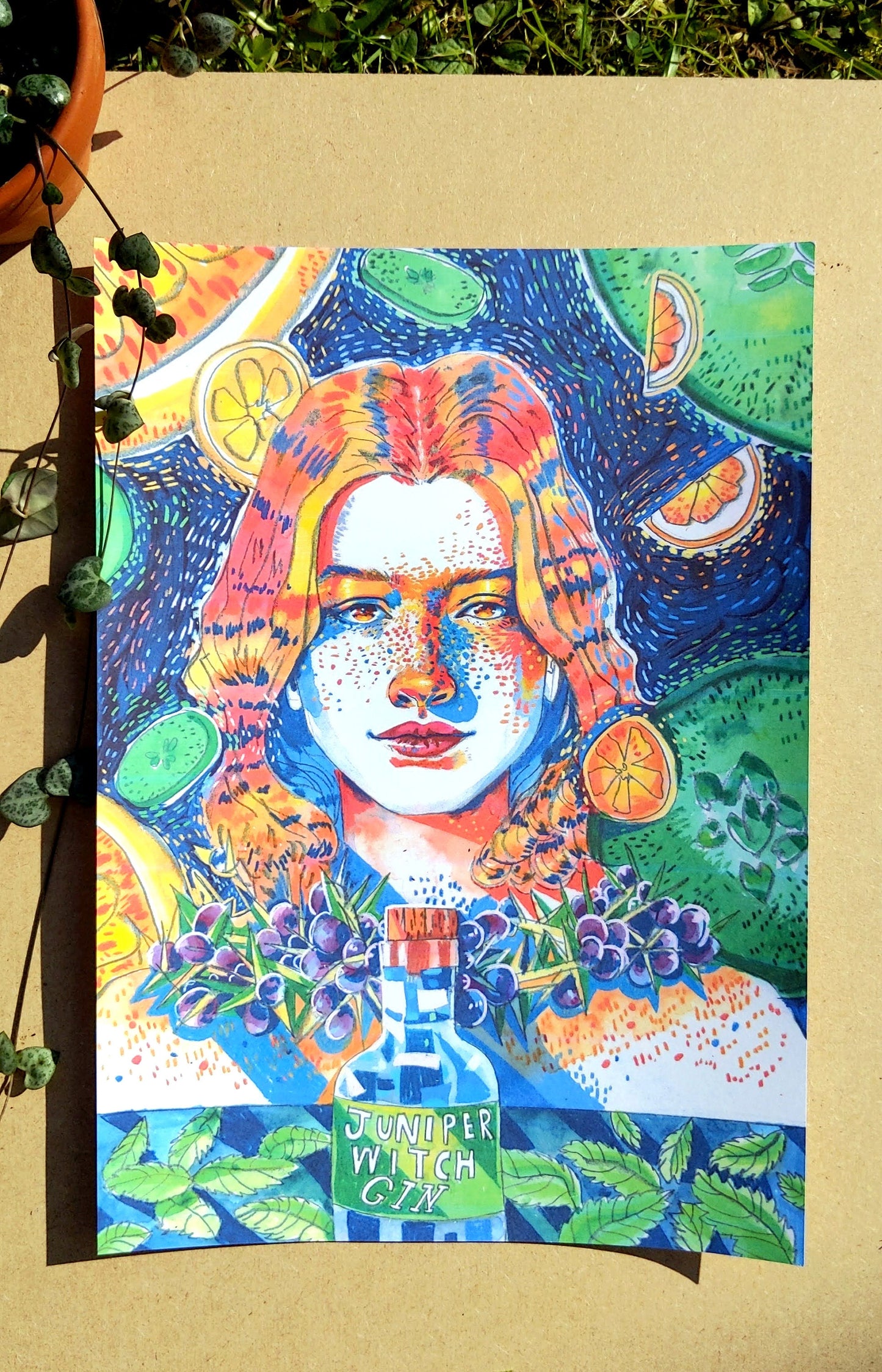 The Juniper Witch, Abstract Portrait of a Woman with Gin, Floating Fruit, Juniper Berries