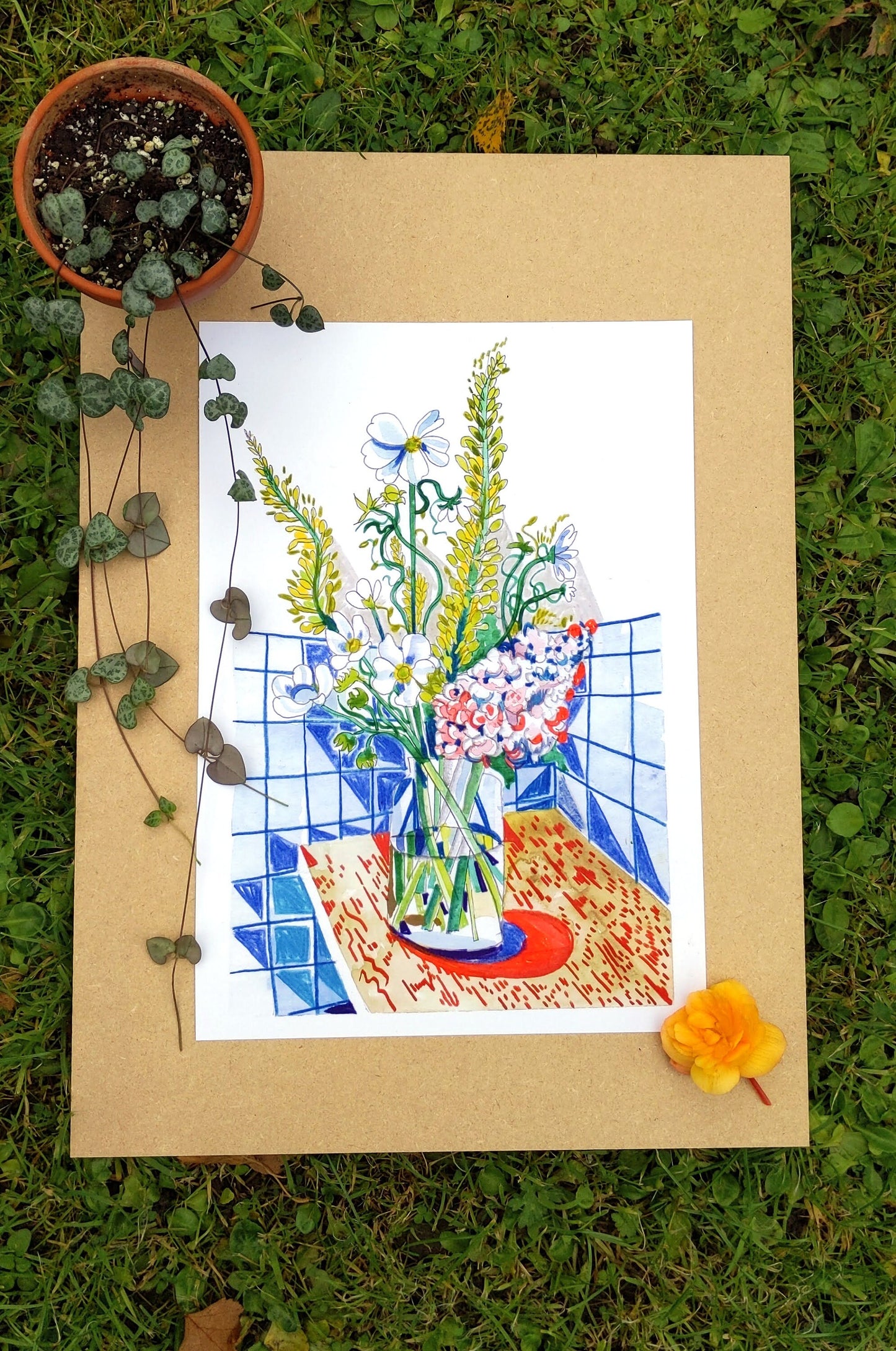 Still Life Floral Bouquet Print - Green, White & Pink Flowers in Glass Vase - Watercolour - Flower Lover Gift