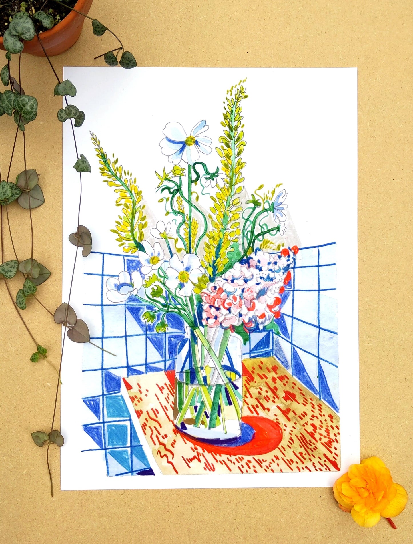 Still Life Floral Bouquet Print - Green, White & Pink Flowers in Glass Vase - Watercolour - Flower Lover Gift