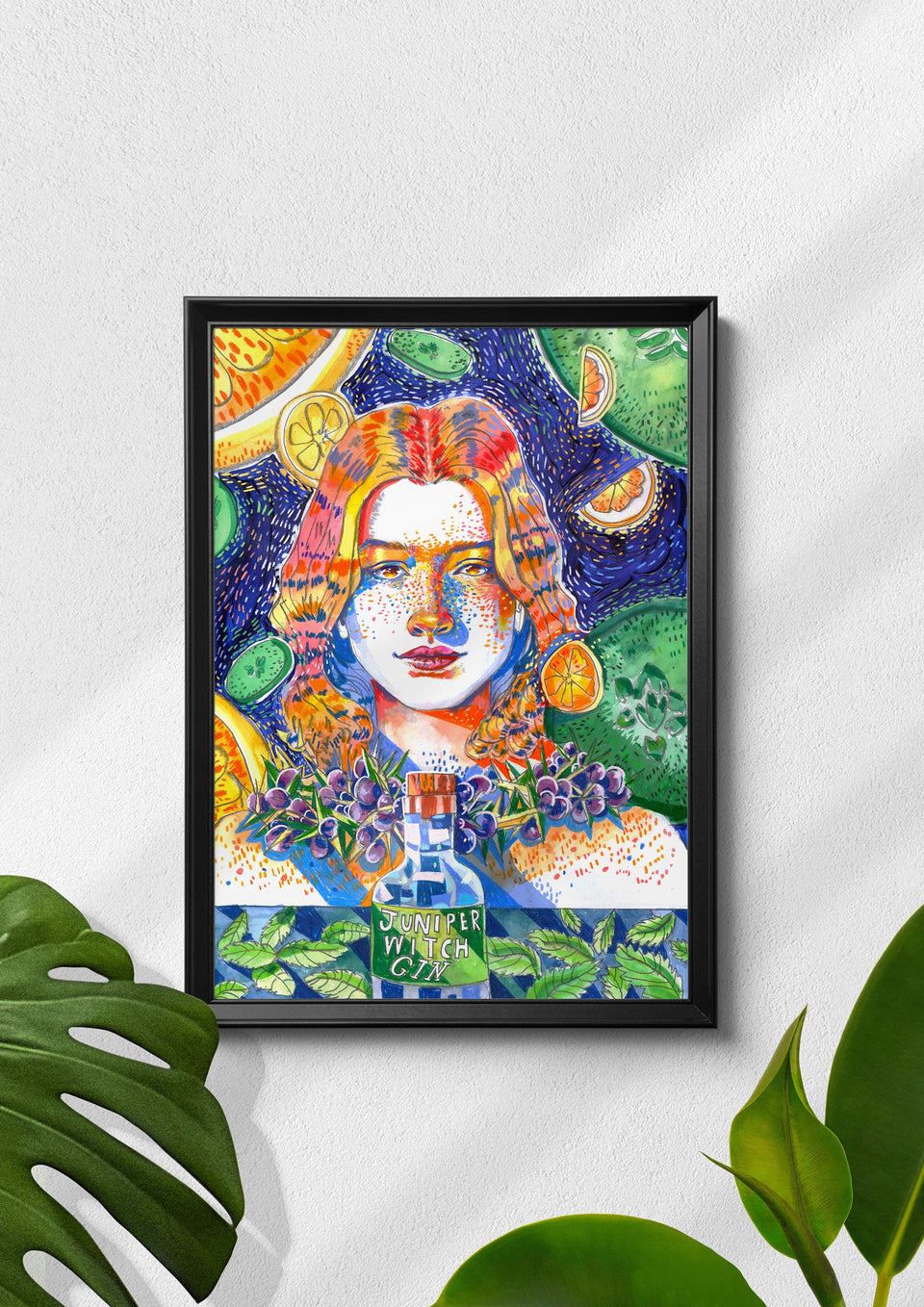 The Juniper Witch, Abstract Portrait of a Woman with Gin, Floating Fruit, Juniper Berries