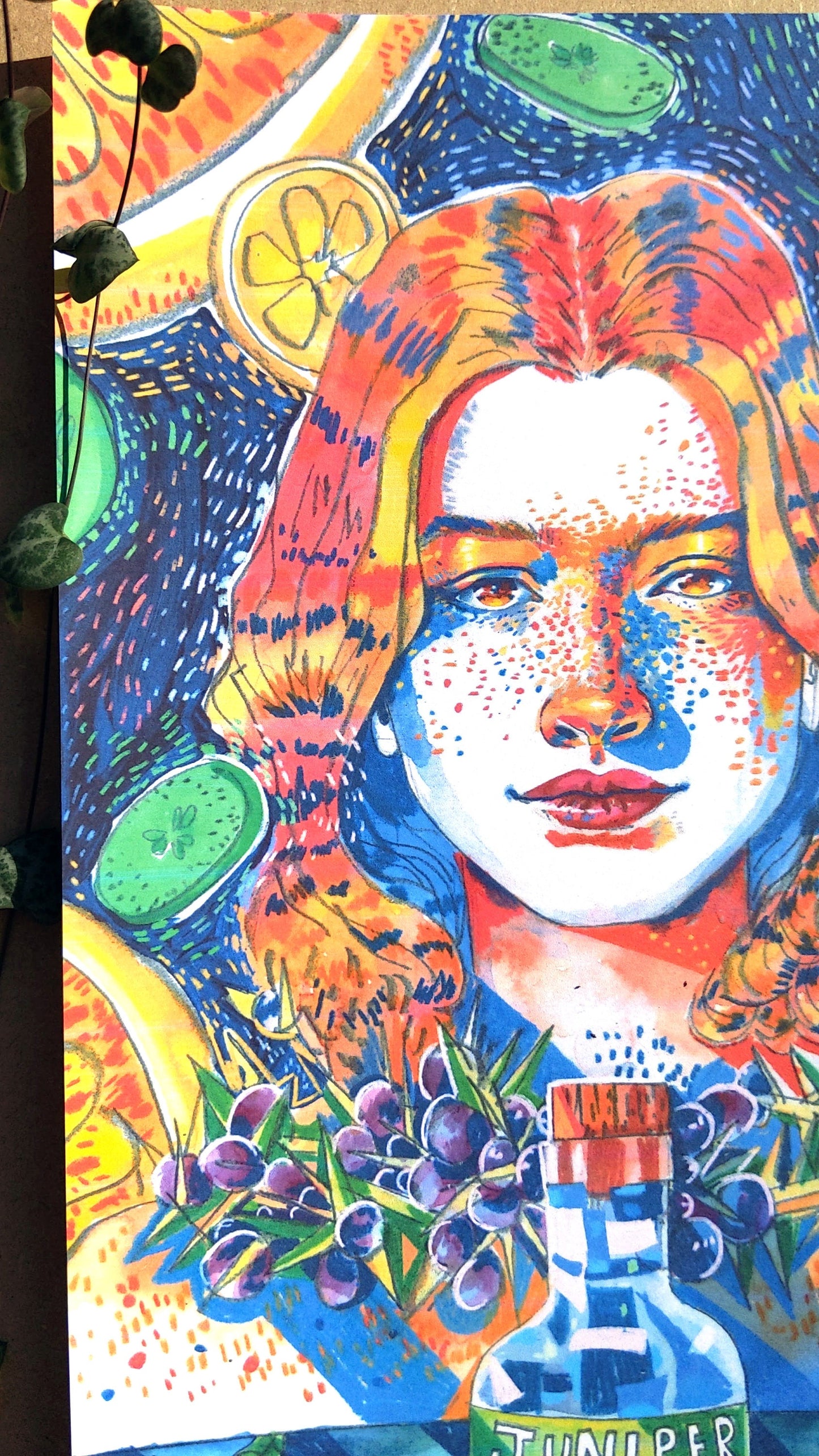 The Juniper Witch, Abstract Portrait of a Woman with Gin, Floating Fruit, Juniper Berries