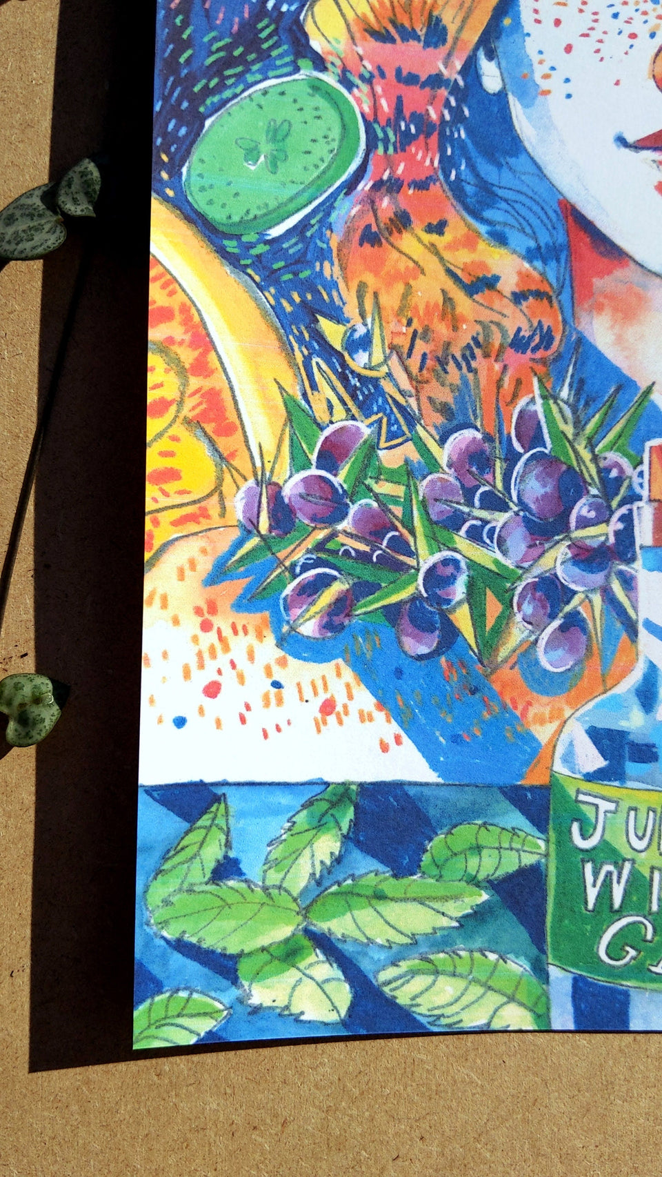 The Juniper Witch, Abstract Portrait of a Woman with Gin, Floating Fruit, Juniper Berries