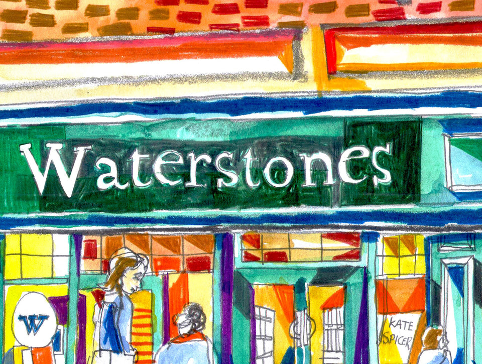 Waterstones Leeds Artwork Print, Bookshop, Café, Watercolour Print