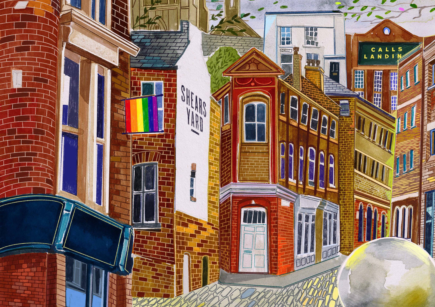 Leeds Art Print, The Calls, Leeds Collage Illustration, Leeds Minster, Kapow Coffee, Call Lane, Kirkgate, Maude Street