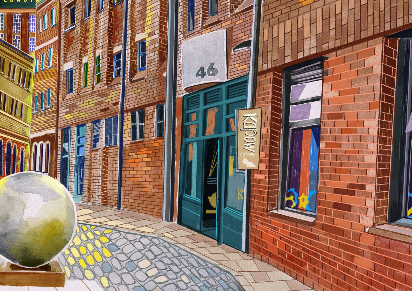 Leeds Art Print, The Calls, Leeds Collage Illustration, Leeds Minster, Kapow Coffee, Call Lane, Kirkgate, Maude Street