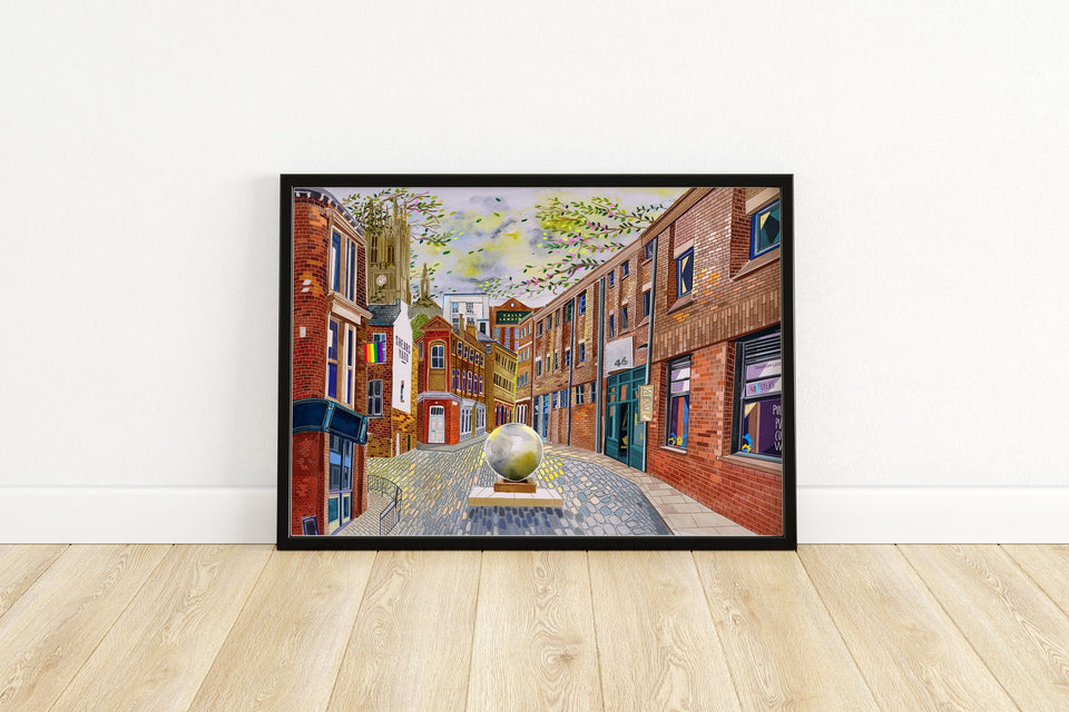 Leeds Art Print, The Calls, Leeds Collage Illustration, Leeds Minster, Kapow Coffee, Call Lane, Kirkgate, Maude Street