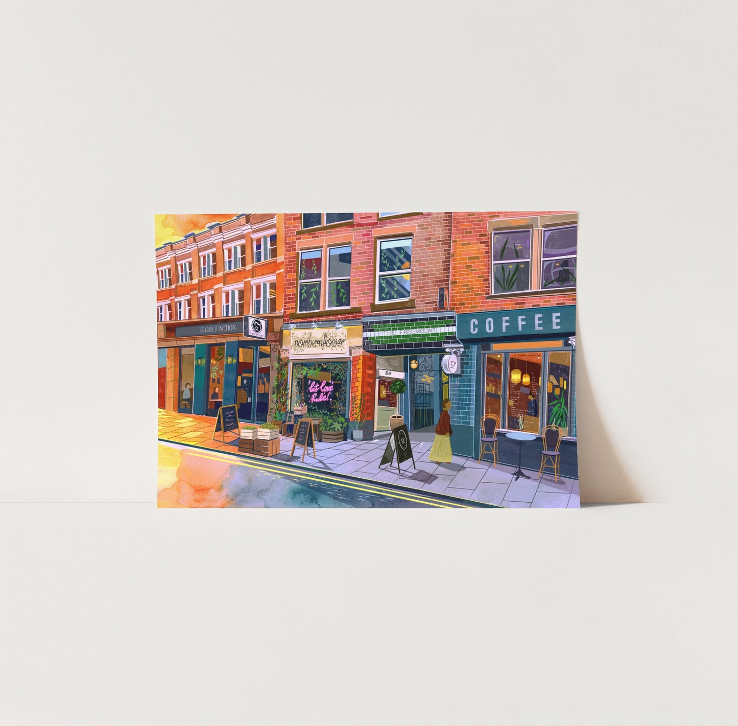 Manchester Northern Quarter Art Print, Tib St, Northern Flower, The Freemount, Sugar Junction, Just Between Friends Coffee