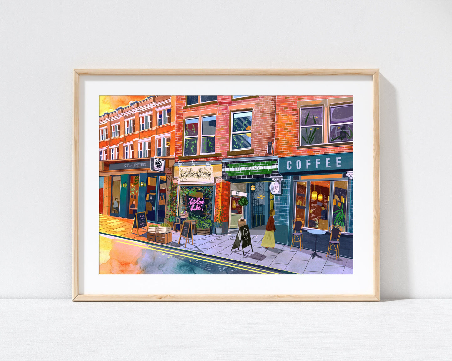 Manchester Northern Quarter Art Print, Tib St, Northern Flower, The Freemount, Sugar Junction, Just Between Friends Coffee