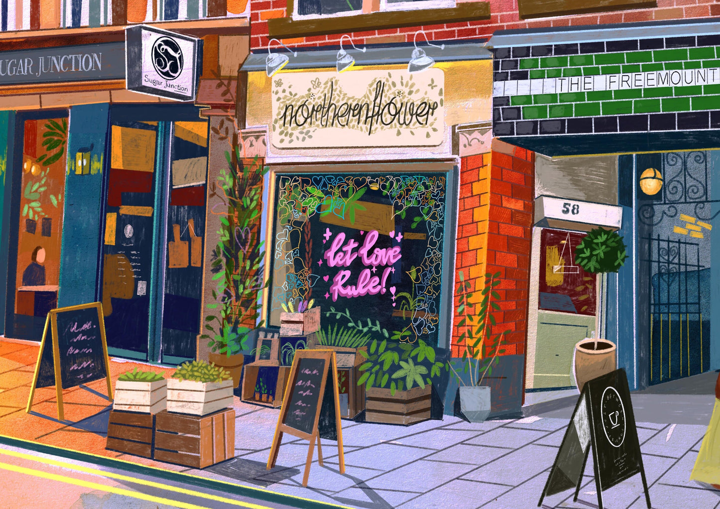 Manchester Northern Quarter Art Print, Tib St, Northern Flower, The Freemount, Sugar Junction, Just Between Friends Coffee