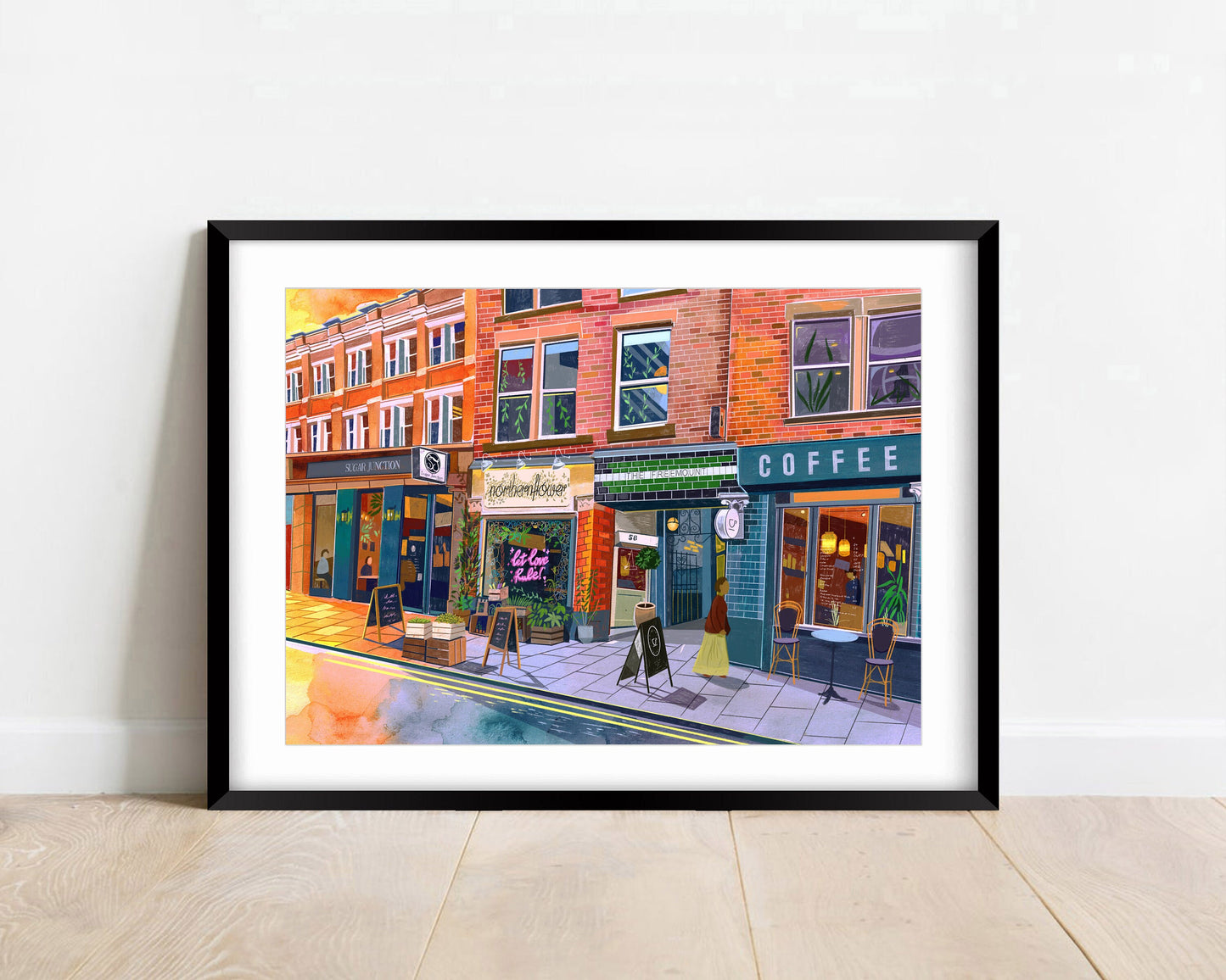 Manchester Northern Quarter Art Print, Tib St, Northern Flower, The Freemount, Sugar Junction, Just Between Friends Coffee