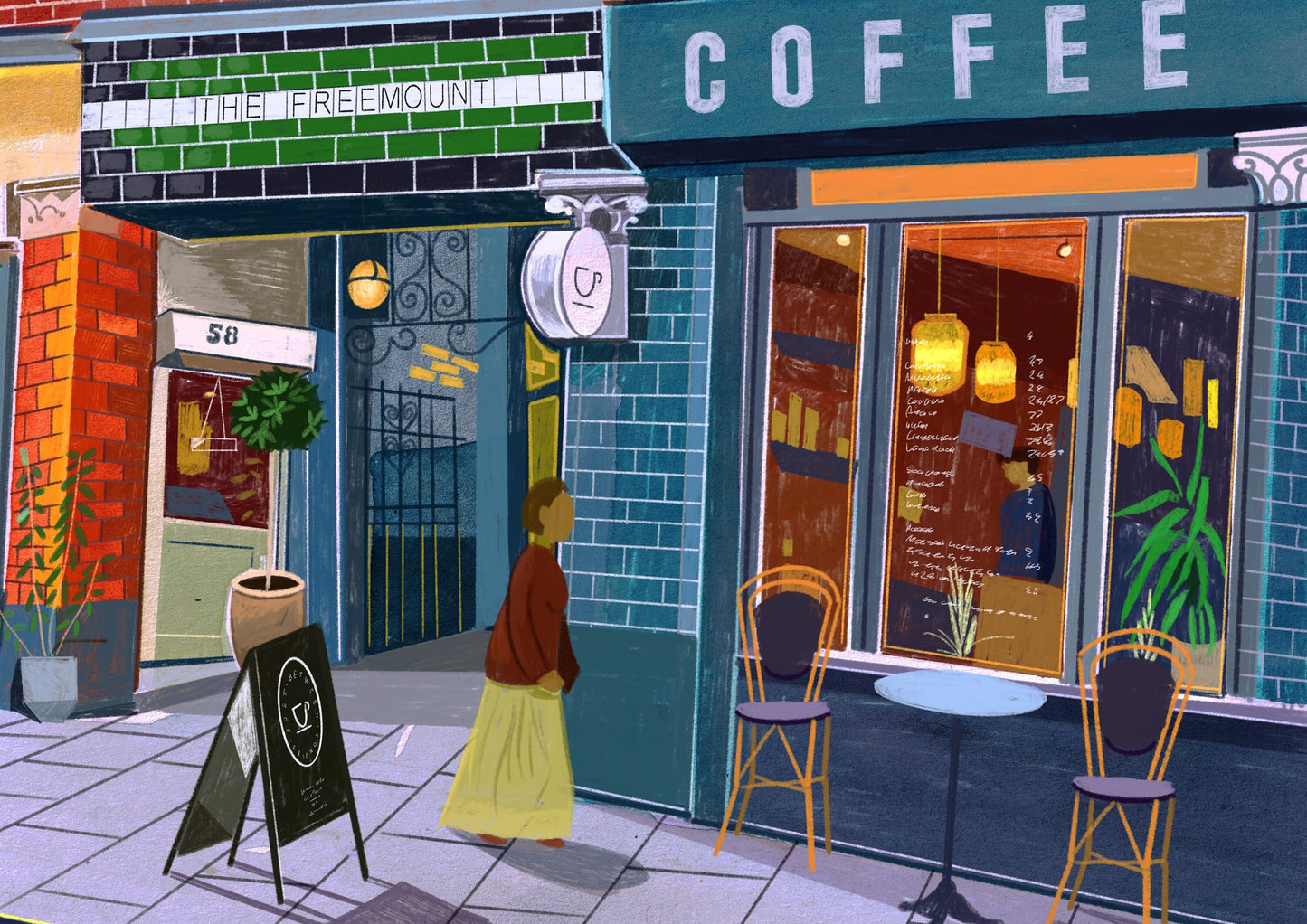 Manchester Northern Quarter Art Print, Tib St, Northern Flower, The Freemount, Sugar Junction, Just Between Friends Coffee