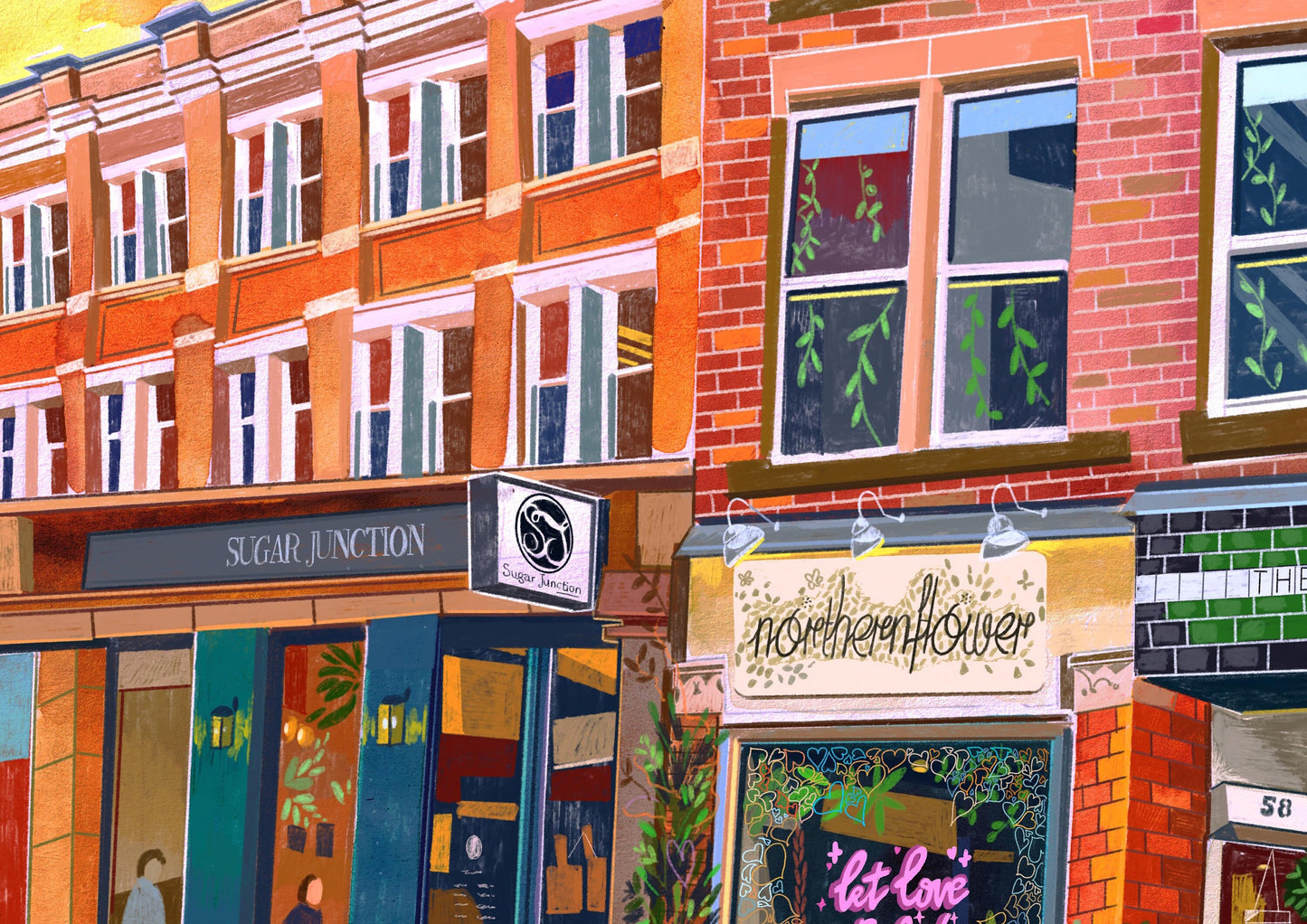 Manchester Northern Quarter Art Print, Tib St, Northern Flower, The Freemount, Sugar Junction, Just Between Friends Coffee