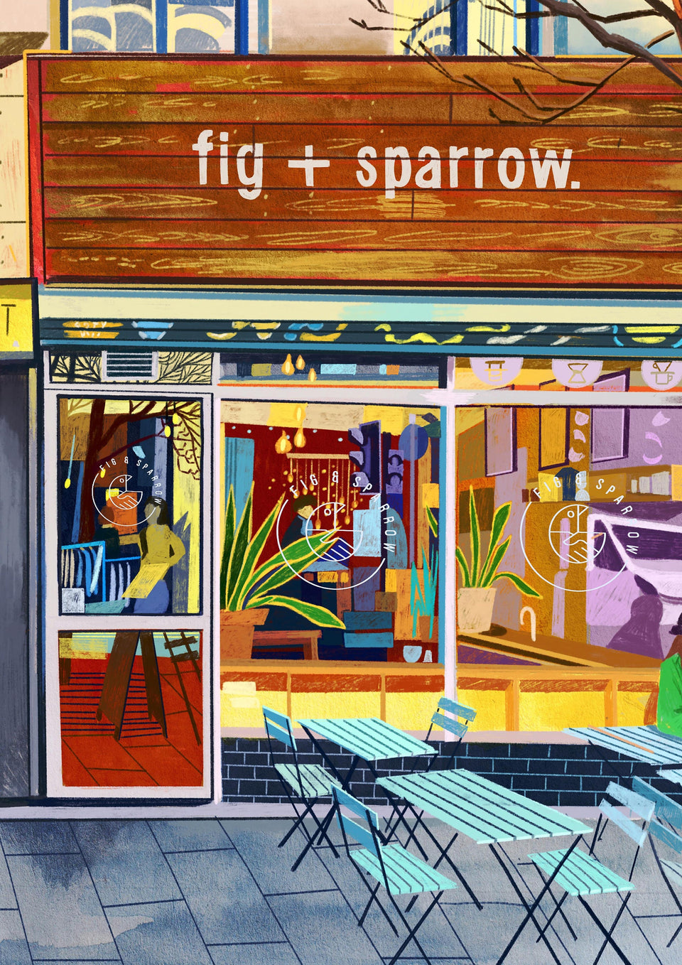 Fig and Sparrow, Manchester, Artwork Print