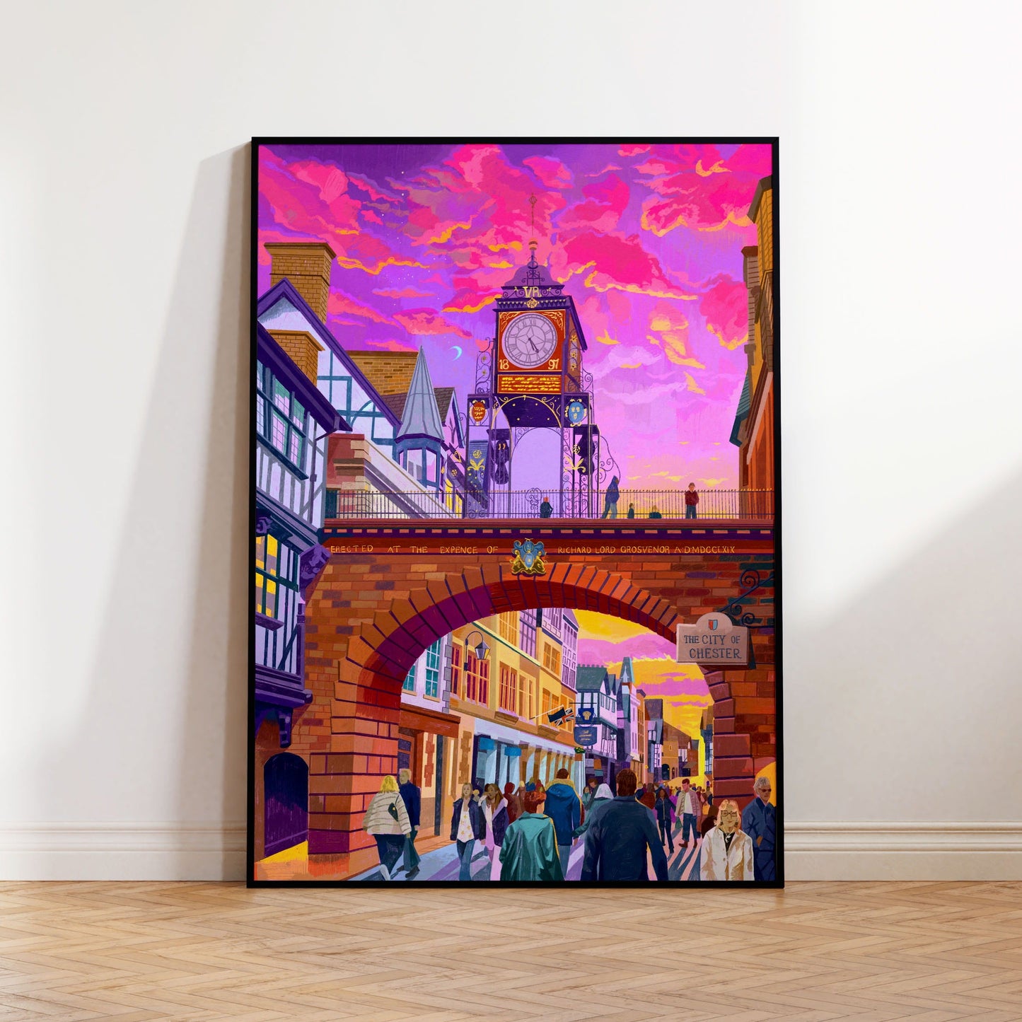 Colorful painting of a city street scene with a clock tower on a white wall.