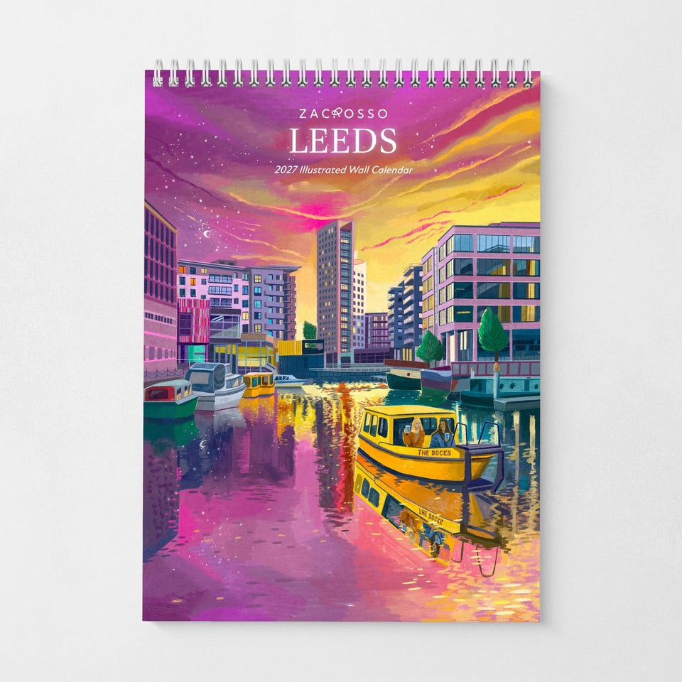 A spiral-bound 2027 Zacrosso Leeds Calendar cover featuring a hand-drawn, colourful iPad illustration of Leeds Dock under a dramatic sunset sky.