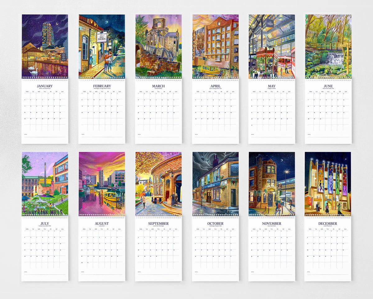 A 12-month Zacrosso Leeds calendar displayed on a light gray wall, featuring colorful cityscape illustrations for each month on white pages.