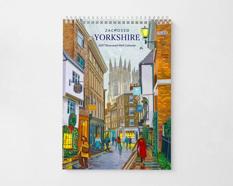 A spiral-bound 2027 Zacrosso Yorkshire Calendar cover. Featuring a colorful illustration of the historic Petergate in York with York Minster in the background. 