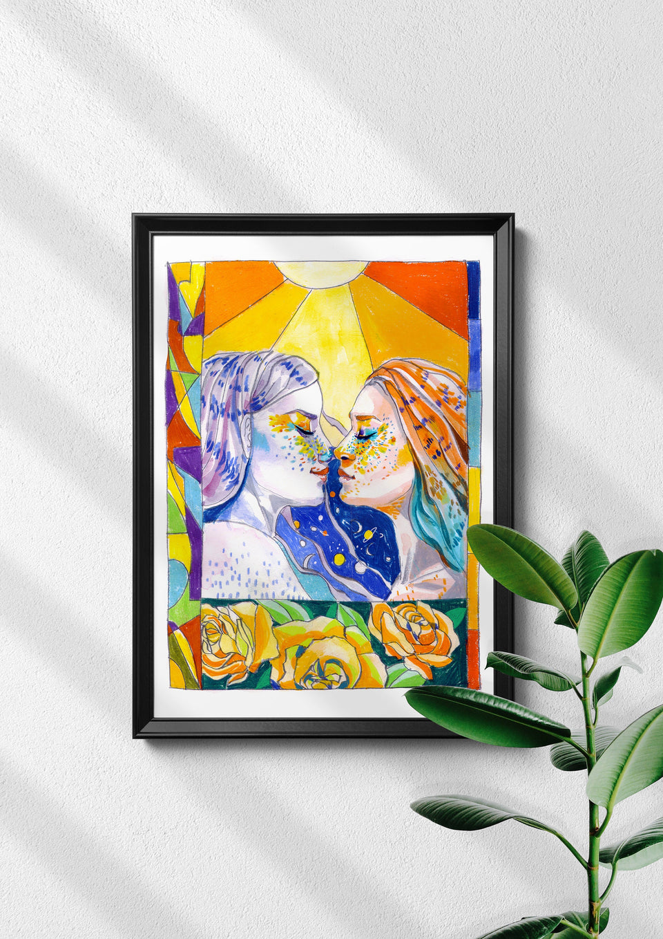 Lesbian Space Lovers Artwork Print, LGBTQ+ Artwork Print, Pridem, Women Kissing, LGBTQ+ Pride, Yellow Roses