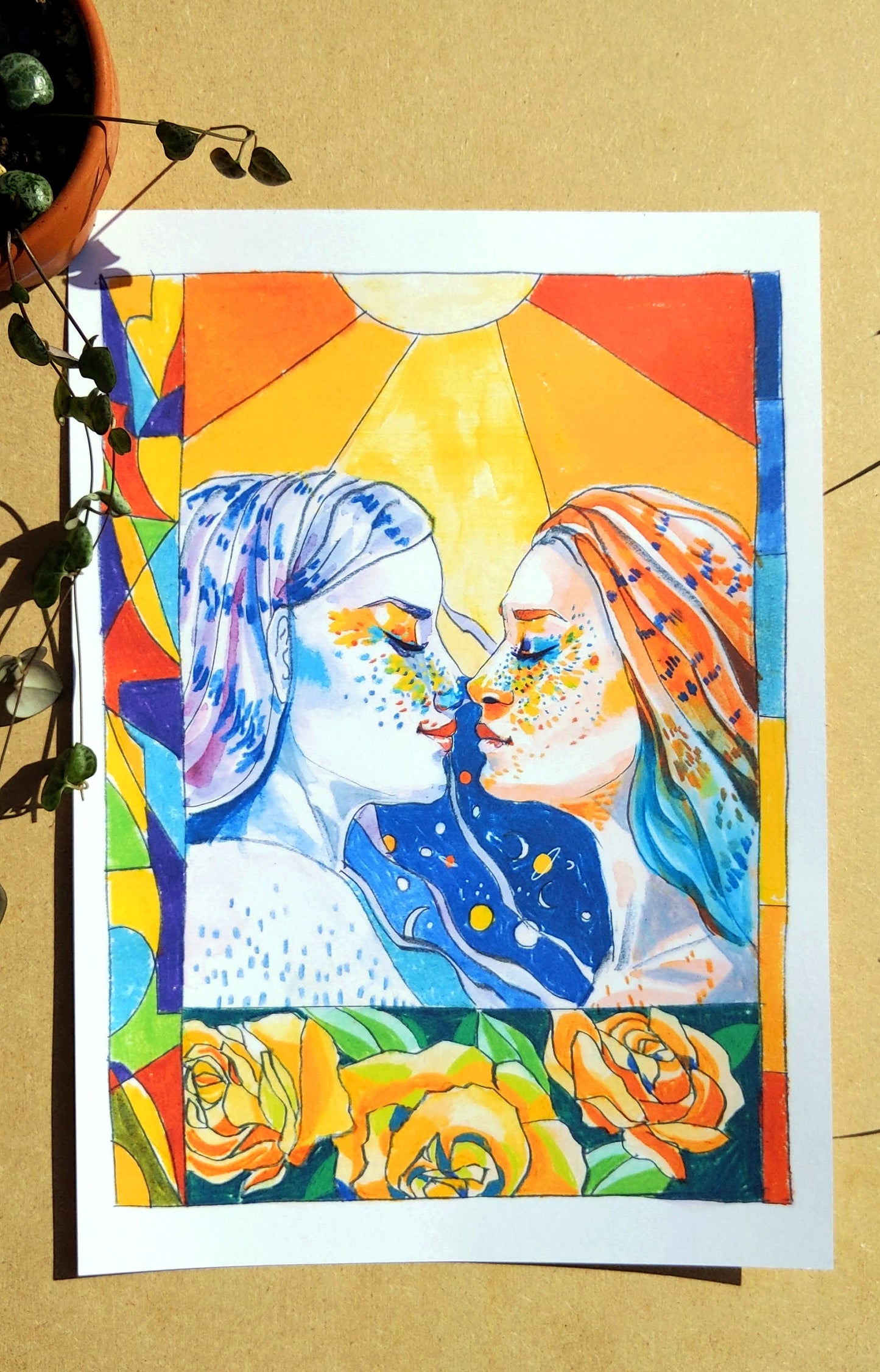 Lesbian Space Lovers Artwork Print, LGBTQ+ Artwork Print, Pridem, Women Kissing, LGBTQ+ Pride, Yellow Roses