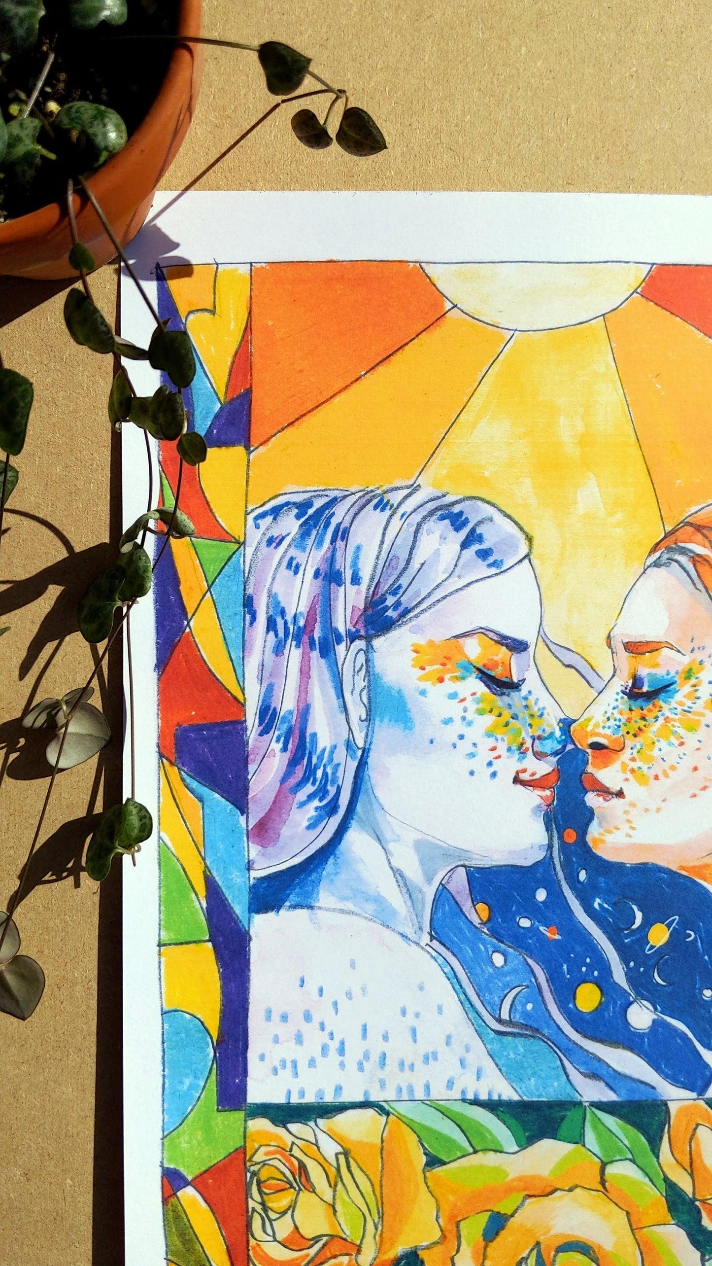 Lesbian Space Lovers Artwork Print, LGBTQ+ Artwork Print, Pridem, Women Kissing, LGBTQ+ Pride, Yellow Roses