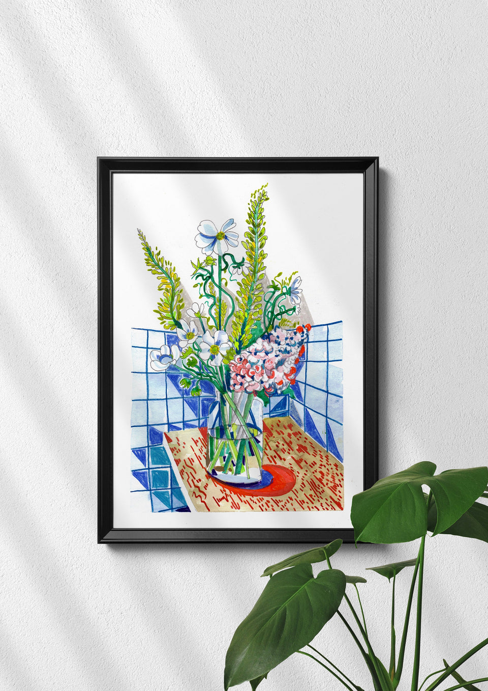 Still Life Floral Bouquet Print - Green, White & Pink Flowers in Glass Vase - Watercolour - Flower Lover Gift