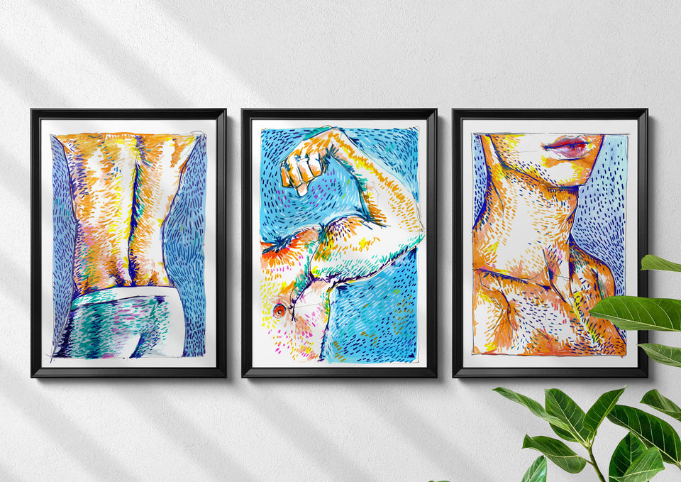 The Male Form - Set of 3 x A4/A3 Prints, Gay, Artwork, Illustration, Muscles, Male Body, Flex, LGBT+, Pride