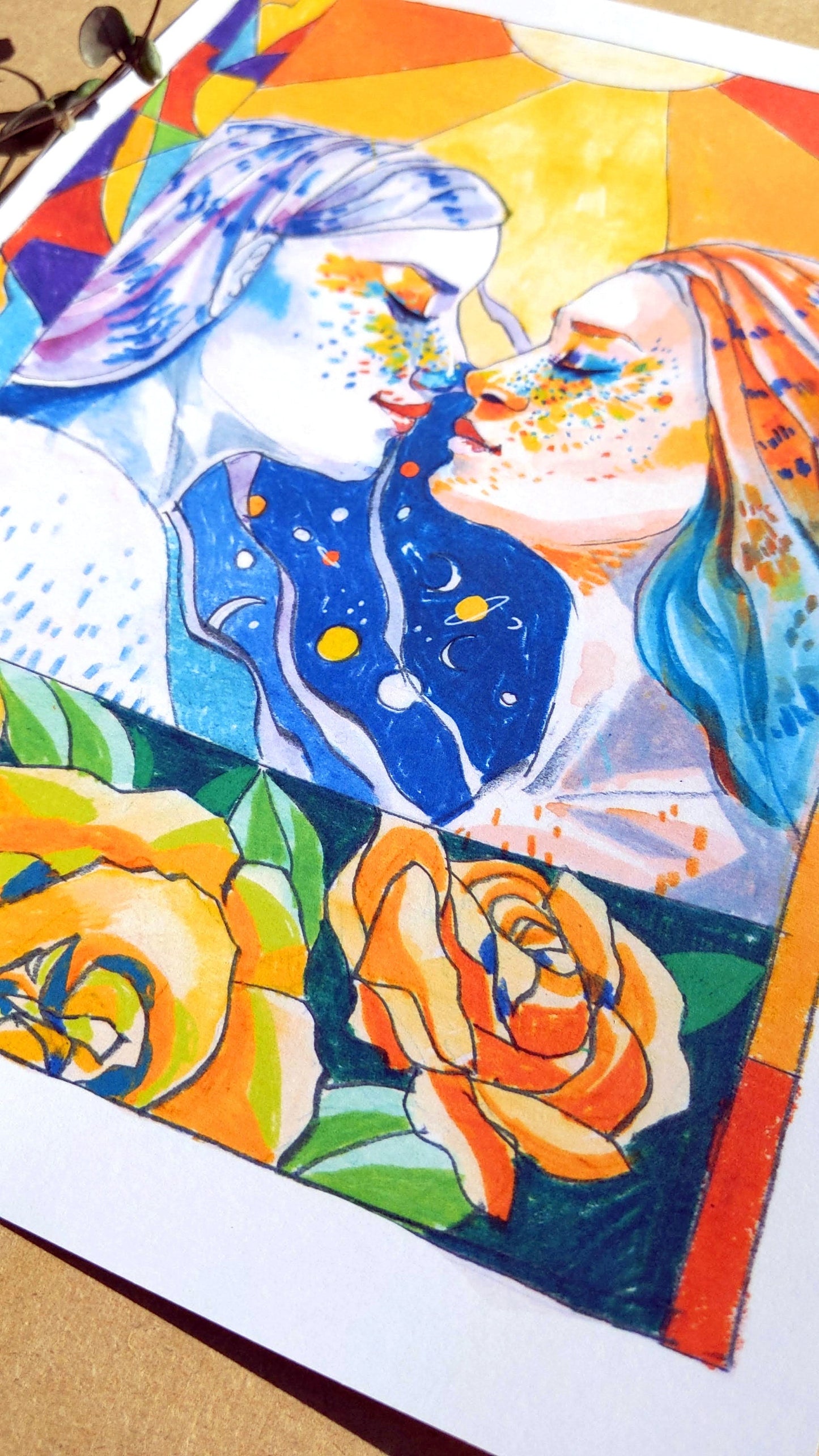 Lesbian Space Lovers Artwork Print, LGBTQ+ Artwork Print, Pridem, Women Kissing, LGBTQ+ Pride, Yellow Roses