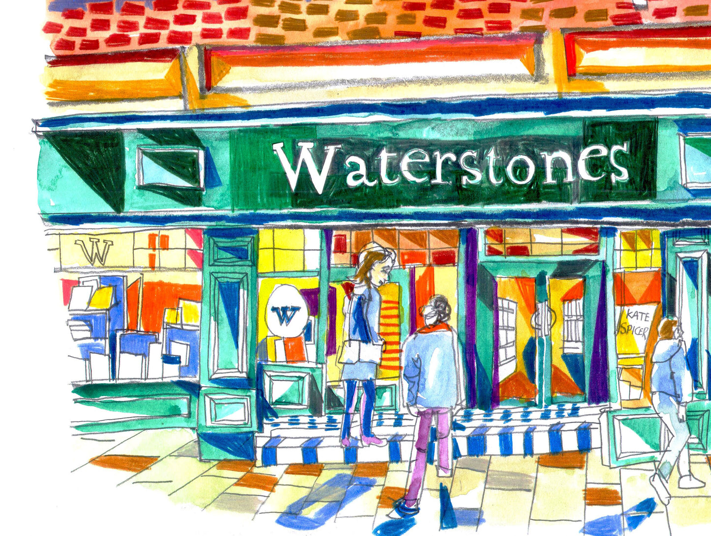 Waterstones Leeds Artwork Print, Bookshop, Café, Watercolour Print