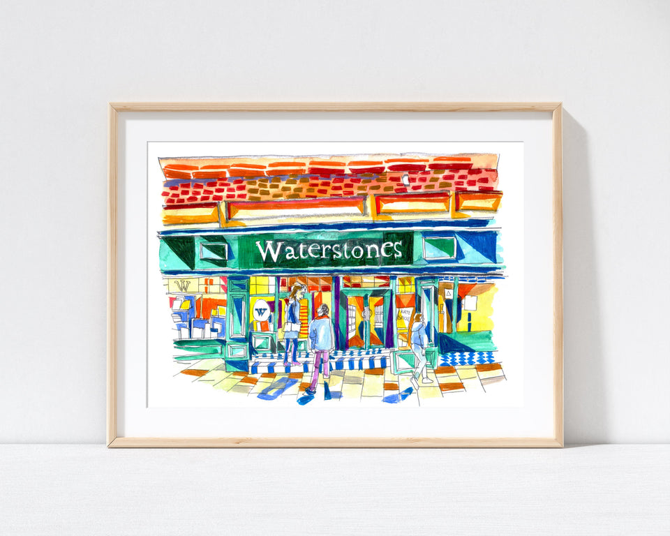 Waterstones Leeds Artwork Print, Bookshop, Café, Watercolour Print
