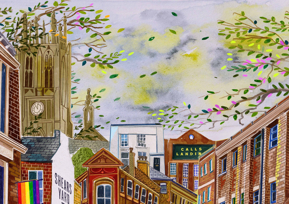 Leeds Art Print, The Calls, Leeds Collage Illustration, Leeds Minster, Kapow Coffee, Call Lane, Kirkgate, Maude Street