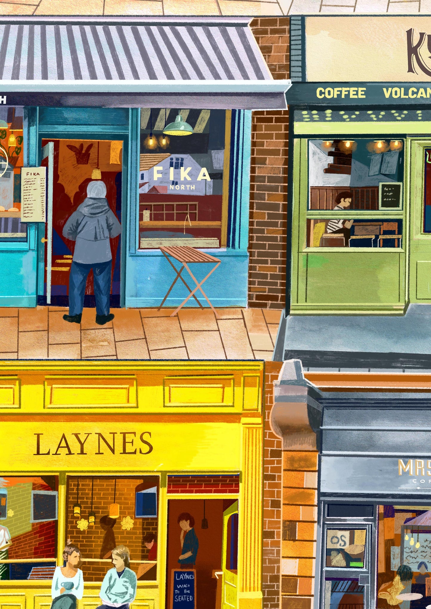 Leeds Cafes Artwork Print, Coffee On The Crescent, Wapentake, Fika North, Kulture, Laynes, Mrs Atha’s, Leeds Illustration