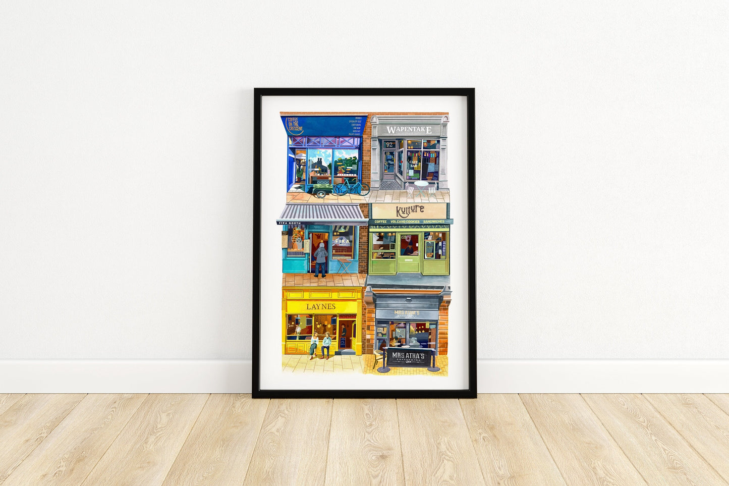 Leeds Cafes Artwork Print, Coffee On The Crescent, Wapentake, Fika North, Kulture, Laynes, Mrs Atha’s, Leeds Illustration